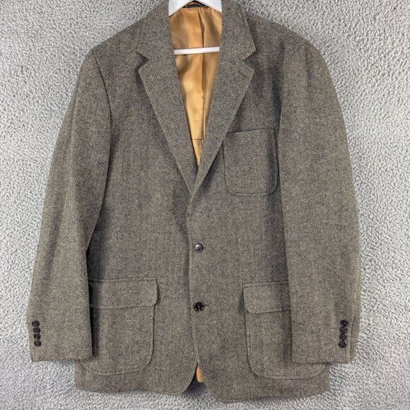Lands End Wool‎ Blazer Men 40L Black Tan Herringbone Jacket Suit Coat Business - Picture 1 of 15